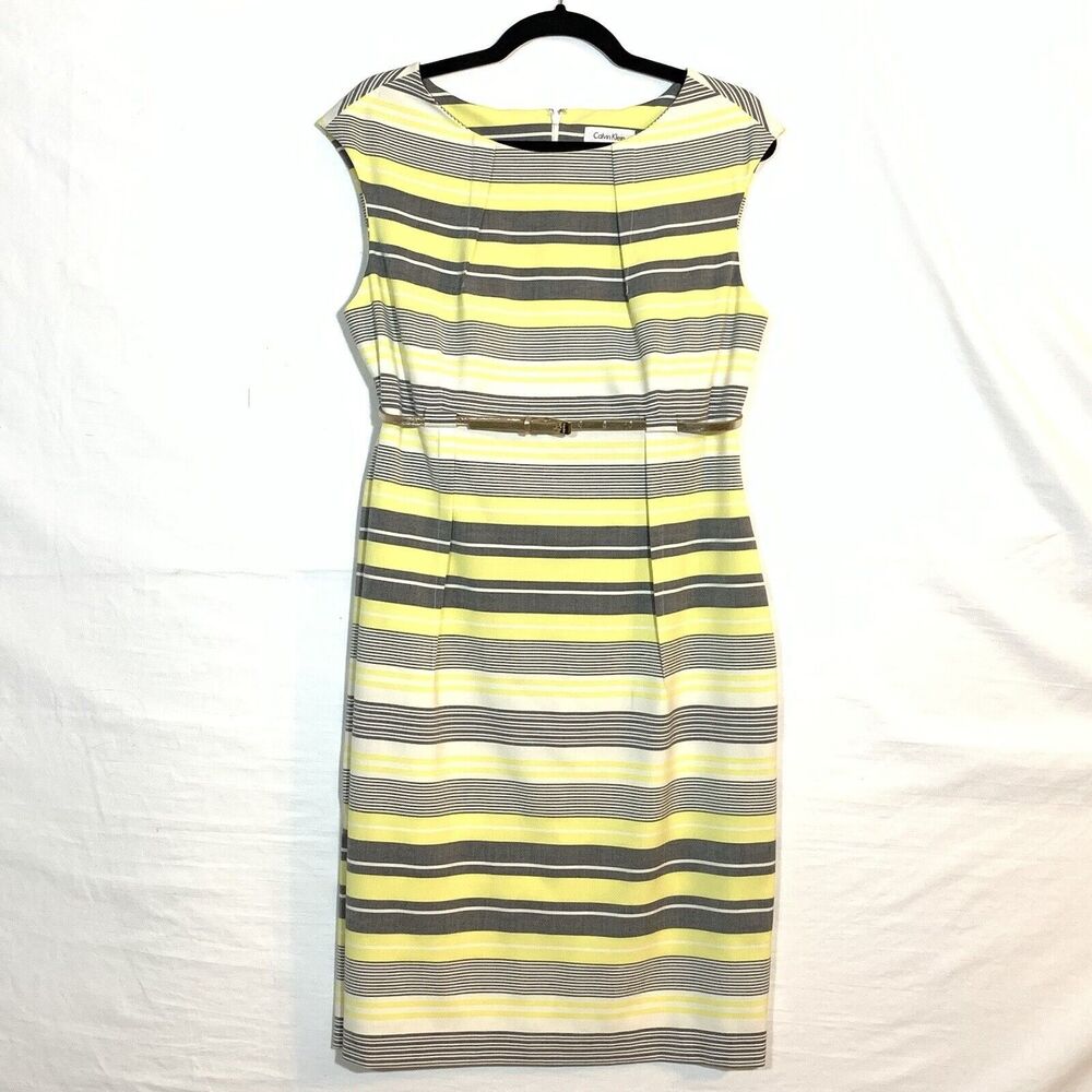 Calvin Klein Dress Womens 12P Yellow Gray Striped Casual Sleeveless Lined Belted